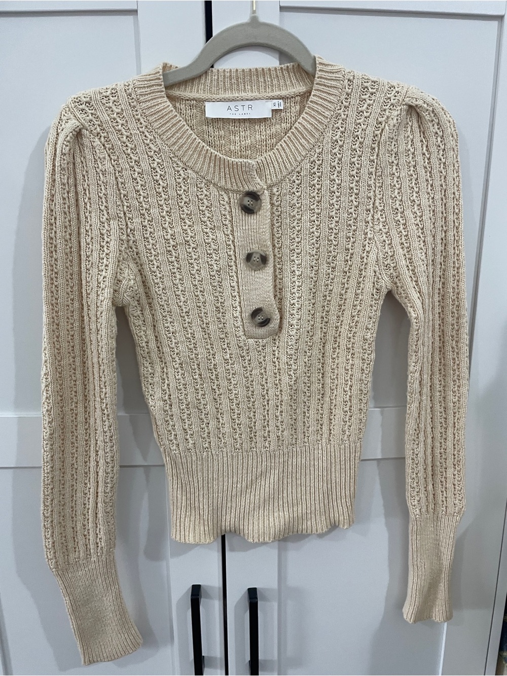 ASTR The Label Aspen Sweater XS Cream Pointelle Knit Button Long Sleeve Cotton